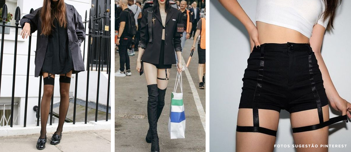 Três imagens com sugestões como usar cinta liga: com casaco preto, botas over the knee ou shorts preto curto.